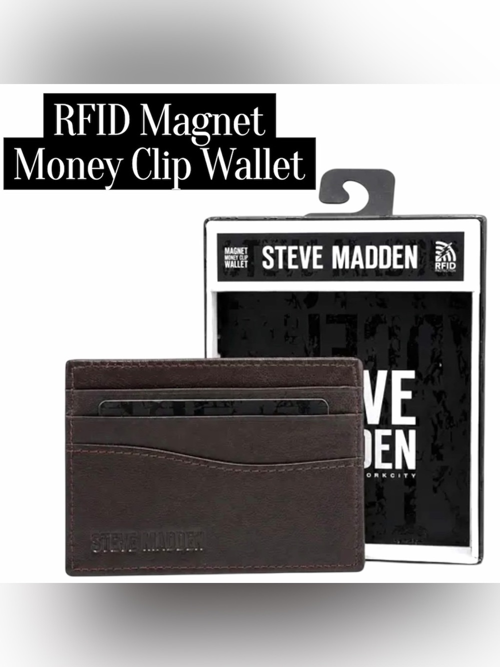 *new* Steve Madden Brown Leather Card Holder & Money Clip RFID Wallet